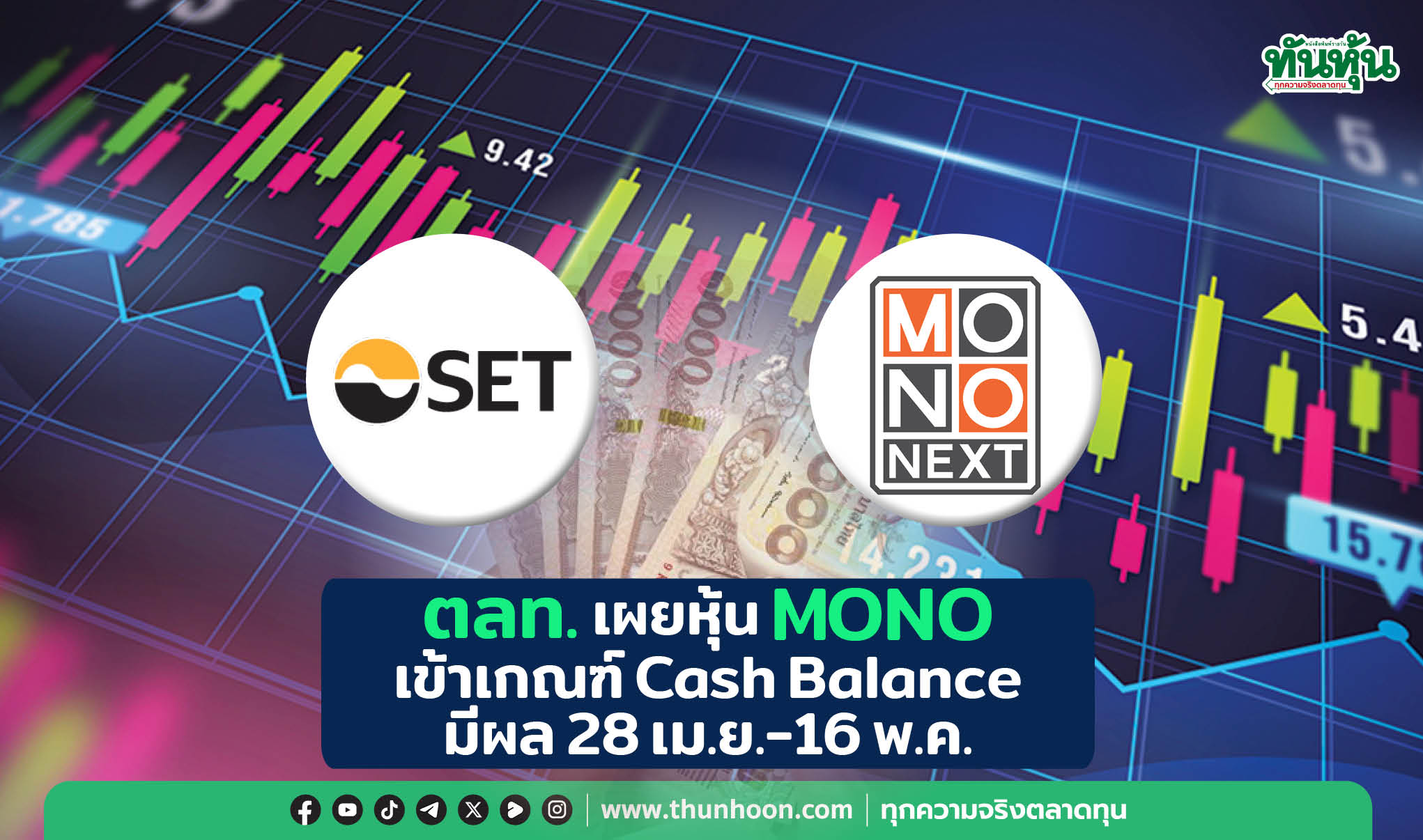ตลท.เผยหุ้น MONO เข้าเกณฑ์ Cash Balance  มีผล 28 เม.ย.-16 พ.ค.